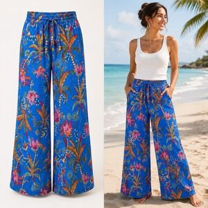 Rachel Roy Tropical Crinkle Medium Beach Wide Leg Pants Vacation Resortwear